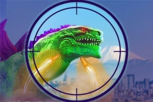 En grön dinosaurieliknande varelse med röda ögon i kikarsikte, omgiven av stadslandskap och berg i bakgrunden
