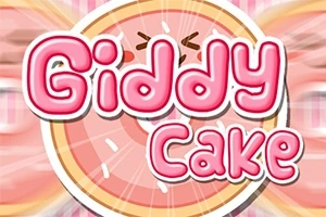 Texten Giddy Cake i rosa bubbelbokstäver framför en stiliserad tårtbit i bakgrunden