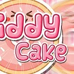 Texten Giddy Cake i rosa bubbelbokstäver framför en stiliserad tårtbit i bakgrunden