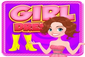 Tecknad bild av en leende kvinna i rosa klänning framför en färgglad bakgrund med texten GIRL DRESS och ett par gula stövlar