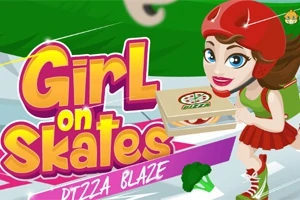Tecknad flicka på rullskridskor med en pizza i handen och färgglad text omgiven av grön bakgrund