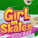 Tecknad flicka på rullskridskor med en pizza i handen och färgglad text omgiven av grön bakgrund