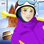 Tecknad person i lila skidkläder med gula skidor på axeln i en vinterlandskap med snö och trähus i bakgrunden