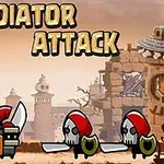 Tecknad scen med två gladiatorer i röda hjälmar framför en medeltida borg och texten Gladiator Attack ovanför