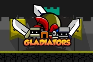 Tecknad bild med svärd, hjälmar och ordet Gladiators mot en mörk bakgrund med gult och grönt