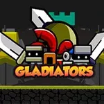 Tecknad bild med svärd, hjälmar och ordet Gladiators mot en mörk bakgrund med gult och grönt