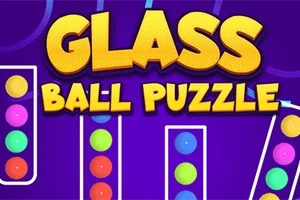 Färgglada bollar i rör med texten Glass Ball Puzzle mot en lila bakgrund
