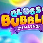Texten Glossy Bubbles Challenge i färgglada bokstäver på en blå och regnbågsfärgad bakgrund
