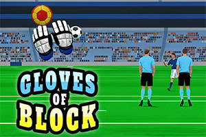 Tre fotbollsspelare på en gräsplan framför en stadion, med två tecknade målvaktshandskar, en röd boll och en svartvit fotboll ovanför texten Gloves of Block