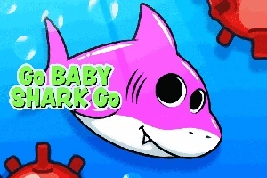 En tecknad rosa haj simmar i blått vatten med texten Go BABY SHARK Go bredvid