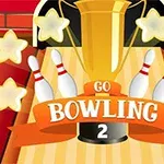 Guldpokal med bowlingkäglor och stjärnor på en röd och gul bakgrund, med texten Go Bowling 2