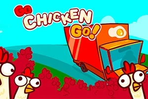 Tecknad bild med kycklingar nära en röd lastbil och texten Go Chicken Go