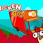 Tecknad bild med kycklingar nära en röd lastbil och texten Go Chicken Go