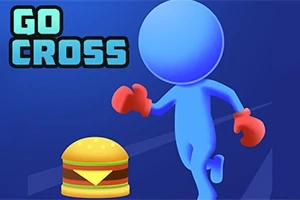 En blå figur med röda vantar ses springa mot en hamburgare med texten GO CROSS i övre vänstra hörnet på en blå bakgrund