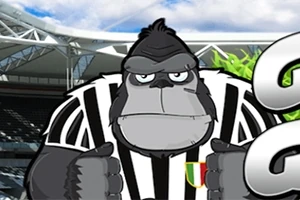 Tecknad gorilla i svartvit-strimmig tröja står i en stadionmiljö