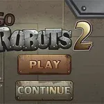 Go Robuts 2-titel med en robot och knapparna Play och Continue framför en metallisk bakgrund