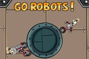 Två tecknade robotar med hjul försöker övervinna ett hinder i en metallisk miljö