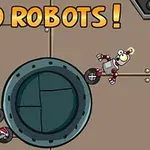 Två tecknade robotar med hjul försöker övervinna ett hinder i en metallisk miljö