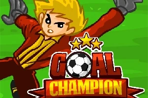 Tecknad figur med blont hår och röda kläder sparkar en boll framför texten Goal Champion
