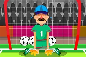 Tecknad målvakt med mustasch i gröna kläder sitter på knä framför målbur med fotbollar i bakgrunden