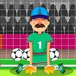 Tecknad målvakt med mustasch i gröna kläder sitter på knä framför målbur med fotbollar i bakgrunden