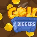 Guldklimpar och en blå gruvvagn med texten Gold Diggers på en brun bakgrund