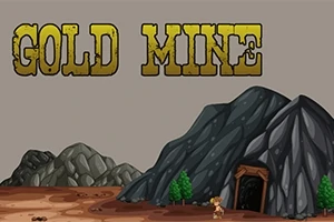 Stora bokstäver GOLD MINE, en grottöppning i berget, och en tecknad figur på en stig omgiven av mindre stenar och träd