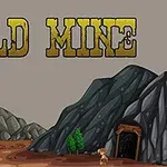 Stora bokstäver GOLD MINE, en grottöppning i berget, och en tecknad figur på en stig omgiven av mindre stenar och träd