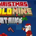 Pixelgrafik med texten Christmas Gold Mine Strike, dekorerad med julgransljus, och en tomtefigur med en godiskäpp i handen