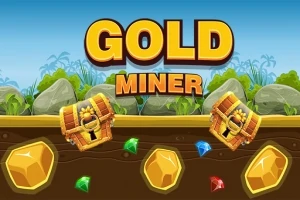 Stora bokstäver som säger GOLD MINER ovanför två skattkistor och flera ädelstenar och guldbitar i marken