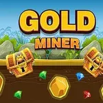 Stora bokstäver som säger GOLD MINER ovanför två skattkistor och flera ädelstenar och guldbitar i marken