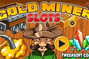 Tecknad bild med en guldgrävare i hatt, omgiven av en gruva, vagnar och färgglada kristaller, med texten Gold Miner Slots