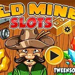 Tecknad bild med en guldgrävare i hatt, omgiven av en gruva, vagnar och färgglada kristaller, med texten Gold Miner Slots