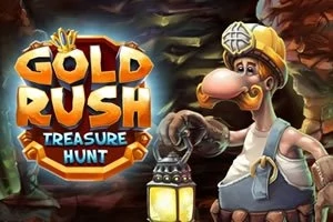 Tecknad gruvrövare i hjälm håller en lykta bredvid en färgglad titel Gold Rush Treasure Hunt
