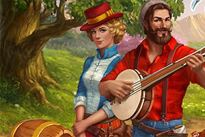 En kvinna i blå klänning och röd hatt står bredvid en skäggig man i röd skjorta som spelar banjo, med ett träd och grönskande miljö i bakgrunden