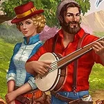 En kvinna i blå klänning och röd hatt står bredvid en skäggig man i röd skjorta som spelar banjo, med ett träd och grönskande miljö i bakgrunden