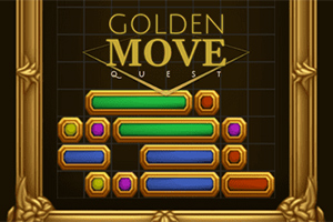 Färgglada rektangulära staplar och symboler i olika former på en mörk bakgrund med texten Golden Move Quest upptill, omgivna av en dekorativ gyllene ram