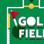 Gröna grafiska element med vit text som säger GOLF FIELD och en röd flagga vid sidan