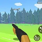 En animerad scen med en hand som håller ett gevär, riktat mot flygande ankor över en grön äng och skog i bakgrunden