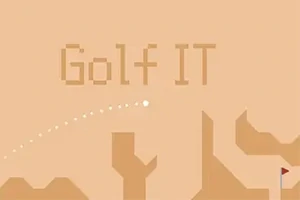 Golfbana med pixlade bokstäver Golf IT och en vit boll som flyger i en båge över abstrakta former, med en flagga i hörnet