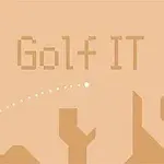 Golfbana med pixlade bokstäver Golf IT och en vit boll som flyger i en båge över abstrakta former, med en flagga i hörnet