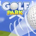 Golfboll i rörelse mot en klarblå himmel med texten Golf Park i bakgrunden