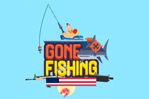En tecknad bild av en man som fiskar ovanpå orden Gone Fishing med en haj, ett gevär och den amerikanska flaggan i bakgrunden