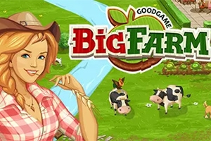 Big Farm En animerad kvinna i cowboyhatt och rutig skjorta stÄr framför en lantgÄrd med kor pÄ en grön Àng, med texten Big Farm i bakgrunden