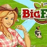 Big Farm En animerad kvinna i cowboyhatt och rutig skjorta stÄr framför en lantgÄrd med kor pÄ en grön Àng, med texten Big Farm i bakgrunden