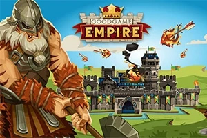 Goodgame Empire En krigare i vikingastil med en yxa stÄr framför ett slott som blir anfallit av brinnande projektiler
