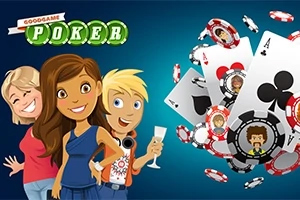 Tre tecknade figurer med pokerchips och spelkort mot en blå bakgrund