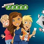 Tre tecknade figurer med pokerchips och spelkort mot en blå bakgrund