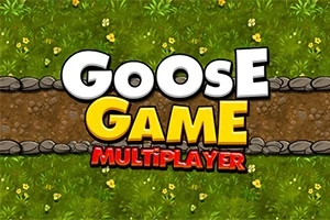 Texten Goose Game Multiplayer i stora bokstäver över en gräsig bakgrund med en stenlagd gång