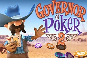 En tecknad cowboyfigur med blå hatt håller i spelkort, omgiven av pokerchips i en ökenlandskap med texten Governor of Poker 2